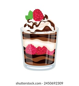 Chocolate Raspberry Parfait vector illustration. Delicious layered chocolate creamy dessert in a glass icon vector isolated on a white background. Raspberry chocolate cake in a jar drawing