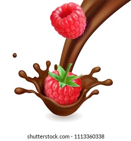 Chocolate raspberry in splash isolated 3d illustration