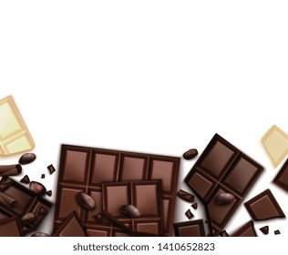 Chocolate realistic background with frame of images with choc bars and blank background with empty space vector illustration