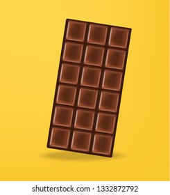 Chocolate realistic, delicious dessert, dark cacao, yellow background vector