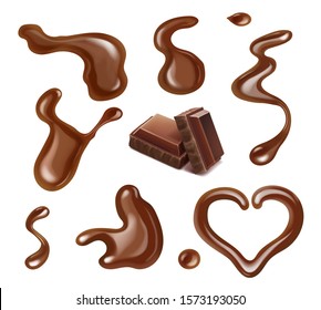Schokolade realistische Tropfen und Blots Sammlung. Vektor verschiedene flüssige Schokolade Splashing Tröpfchen Set.