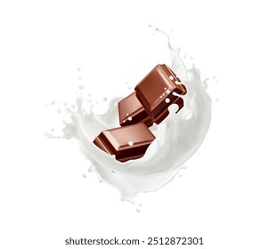 Chocolate y yogur de leche realista splash wave. Barra de choco marrón de Vector 3D realista que se fusiona con salpicaduras cremosas líquidas y gotas de dispersión. Elemento de vertido dinámico aislado para anuncios promocionales de paquetes