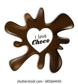 Chocolate realistic splash blot with heart shape inside. Vector illustration