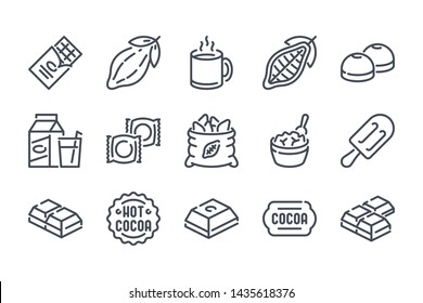 Chocolate related line icon set. Cocoa industry linear icons. Cacao outline vector signs and symbols collection.