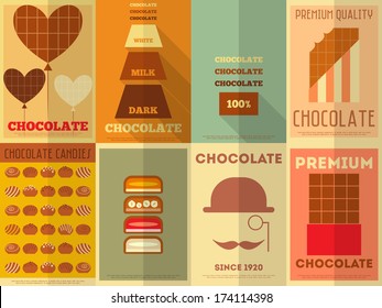 Chocolate Retro Posters Collection in Flat Design Style. Vector Illustration. Sweet Set.