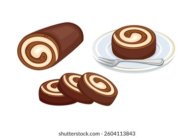 Chocolate roll cake on a plate with a fork vector illustration. Chocolate roll icon set vector isolated on a white background. Brown chocolate rolls cake drawing