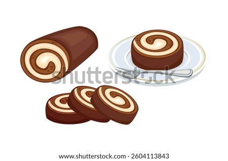 Chocolate roll cake on a plate with a fork vector illustration. Chocolate roll icon set vector isolated on a white background. Brown chocolate rolls cake drawing