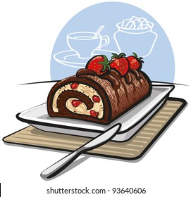Chocolate roll cake with strawberries