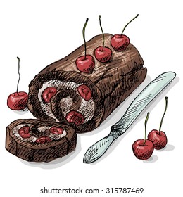 Chocolate roll with cherries