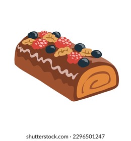 Chocolate roll with fresh berries. Delicious cake. Raspberry, blueberry and walnut. Confectionery sweet bake. Vector illustration isolated on white background
