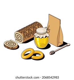 Chocolate roll, honey jar, drying bagels rings, craft bag. Vector 3d sketch line isometric style, color icon illustration. Creative design idea and infographics elements.