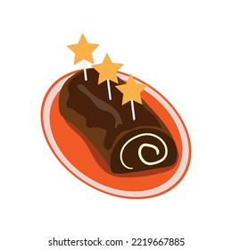 Chocolate roll with star decoration. Vector illustration of home baking. Chocolate cupcake on orange plate. Sweet dessert, food illustration. White isolated background. Christmas dessert. 