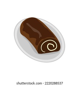 Chocolate roll. Vector illustration of home baking. Chocolate cake on a plate. Sweet dessert, food illustration. White isolated background. 