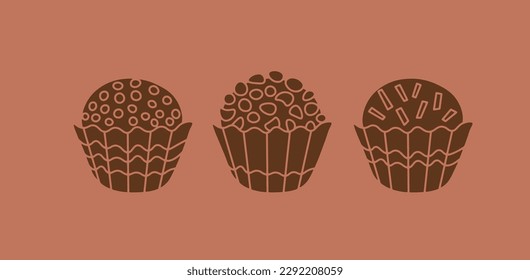 Chocolate round candy doodle set. Collection of hand drawn brazilian desserts. Brigadeiro brown silhouettes for logo, icon, symbol. Vector illustration