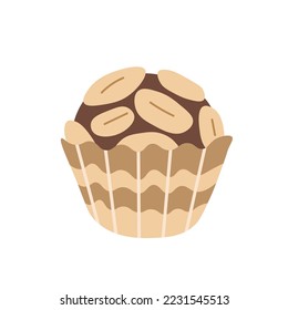 Chocolate round candy with peanut vector illustration. Traditional Brazilian sweet dessert with nuts. Brigadeiro in wrap