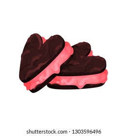 Chocolate sandwich cookies in shape of heart. Dessert with pink cream. Sweet food. Valentine s day theme. Flat vector