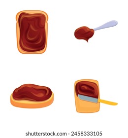 Chocolate sandwich icons set cartoon vector. Toasted bread with chocolate spread. Sweet breakfast