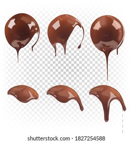 Chocolate sauce, ganache, liquid melted chocolate pouring into a round shape. Vector realistic set.