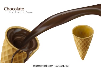 Chocolate sauce pouring down into empty ice cream cone, design elements in 3d illustration