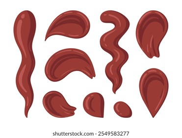 Manchas de salsa de chocolate. Salpicaduras de salsa de cacao, salsa de choco, Ilustración vectorial plana de aderezo de alimentos dulces sobre fondo blanco. Manchas de salsa de chocolate de dibujos animados