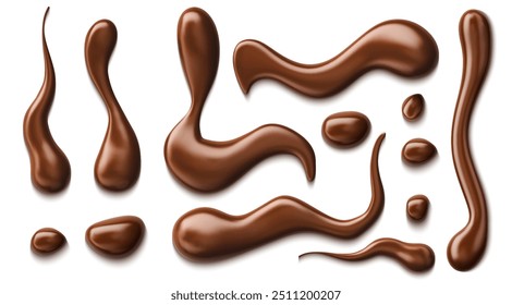 Chocolate sauce syrup drop, splash, stain and swirl. Isolated realistic 3d vector set of luscious drizzles of melt choco dessert. 