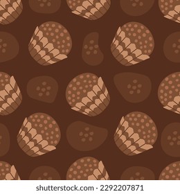 Chocolate seamless pattern with candy. Dessert seamless background with Brazilian traditional sweet little round brigadeiro candy decorated with liquid geometric spots. Vector illustration