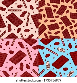 Chocolate seamless pattern collection. Vector coffee beans pattern. Vector chocolate texture with isolated elements: waffles and coffee beans. Sweet background set