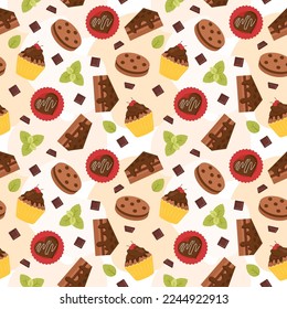 Chocolate Seamless Pattern Design with Choco Decoration in Template Hand Drawn Cartoon Illustration