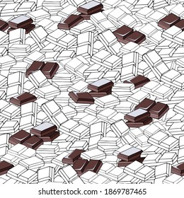 Chocolate seamless pattern, drawn contour chocolate bars and dark chocolate pieces. Vector illustration.