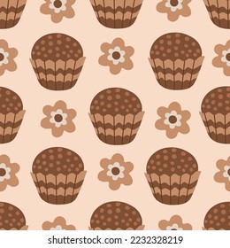 Chocolate seamless pattern with round candy. Cute Brazilian sweet dessert background with brigadeiro and flower. Brown repeat vector illustration for wrapping, packaging, wallpaper, sweet shop