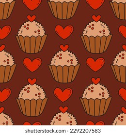 Chocolate seamless pattern with round candy and hearts. Modern psychedelic style food seamless background with Brazilian brigadeiro dessert. Sweet love hand drawn backdrop