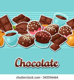 Chocolate seamless pattern with various tasty sweets and candies.