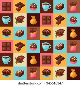 Chocolate seamless pattern with various tasty sweets and candies.