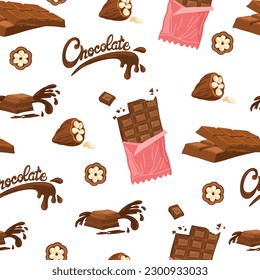 Chocolate seamless pattern. World Chocolate Day. Chocolate bar, cocoa beans and piece. Background for packaging, poster, postcard, label. Vector illustration