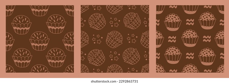 Chocolate seamless patterns collection in doodle style. Hand drawn seamless backgrounds set with traditional Brazilian sweets. Brigadeiro round candies repeat vector illustration