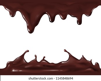 Chocolate seamless vector illustration of realistic 3D splash and flow drops of dark or milky choco fondant. Liquid drips on white background for candy or sweet dessert package design template