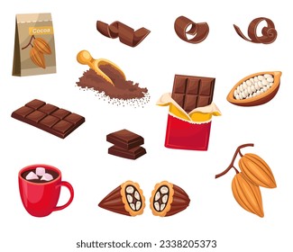 Juego de chocolate. Barra de chocolate, polvo de cacao, frijol de cacao. Día Mundial del Chocolate. Ilustración del vector