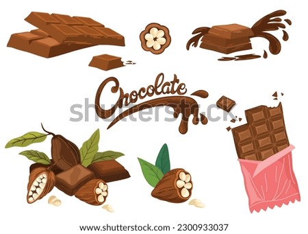 Chocolate Set. Chocolate bar, handwritten text, cocoa beans. World Chocolate Day. Perfect for poster, postcard, label, sticker, logo.  Vector illustration Isolated on white background. 