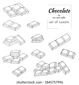 Chocolate set black and white hand drawn sketch. Vector illustration of chocolate bars and pieces, cut out on a white background. Outline drawing.