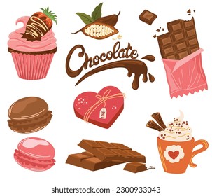 Chocolate set. Box of sweets, macaroni, pancake with strawberries in chocolate, cocoa beans and chocolate bar. World Chocolate Day. Vector flat illustration for printing, menus, packages and products