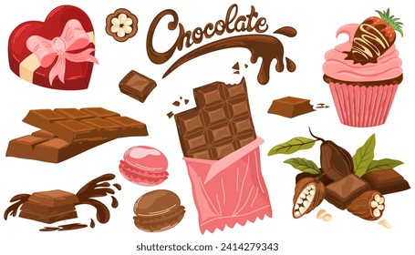 Chocolate Set. Box of sweets, macaroni, pancake with strawberries in chocolate, cocoa beans and chocolate bar. World Chocolate Day. Vector flat illustration for printing, menus, packages and products