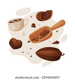 Chocolate set. Cocoa beans, hot chocolate cup and wooden scoop cartoon vector illustration