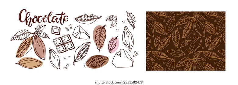 Chocolate set. Cocoa beans, chocolate pieces, brown seamless background. Doodle Outline vector illustrations. Chocolate handwritten lettering logo, cocoa bean and ingredients for chocolate.