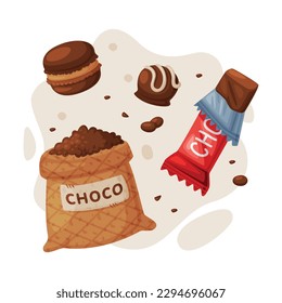 Chocolate set. Cocoa beans sack, sandwich cookie, candy bar cartoon vector illustration