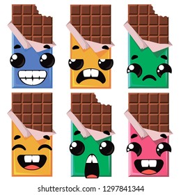 Chocolate set with different emotions. Vector illustration in cartoon childish style.