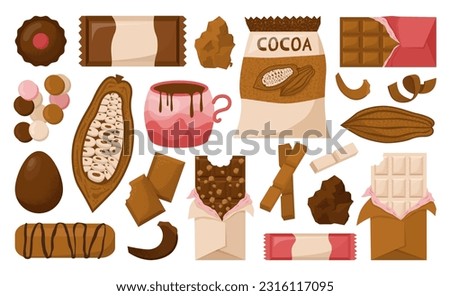 Chocolate set. Different shapes and flavors of chocolate candies, bars and sweets. Tasty cocoa product. Sweet and delicious dessert. Flat vector illustration