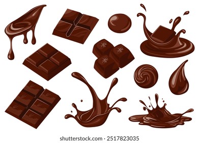 Elementos de conjunto de chocolate em design gráfico plano. Agrupe objetos de cacau marrom doce derretendo, barras de chocolate escuro cortado, doces, gotículas, correntes fluindo, respingos de creme líquido. Ilustração vetorial.