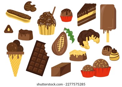 Chocolate set icons concept in the flat cartoon design. Image of cocoa beans and various confectionary sweets made from chocolate. Vector illustration.