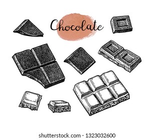 Chocolate set. Ink sketch isolated on white background. Hand drawn vector illustration. Retro style.