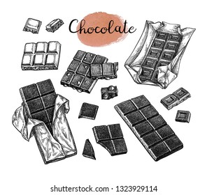 Chocolate set. Ink sketch isolated on white background. Hand drawn vector illustration. Retro style.
